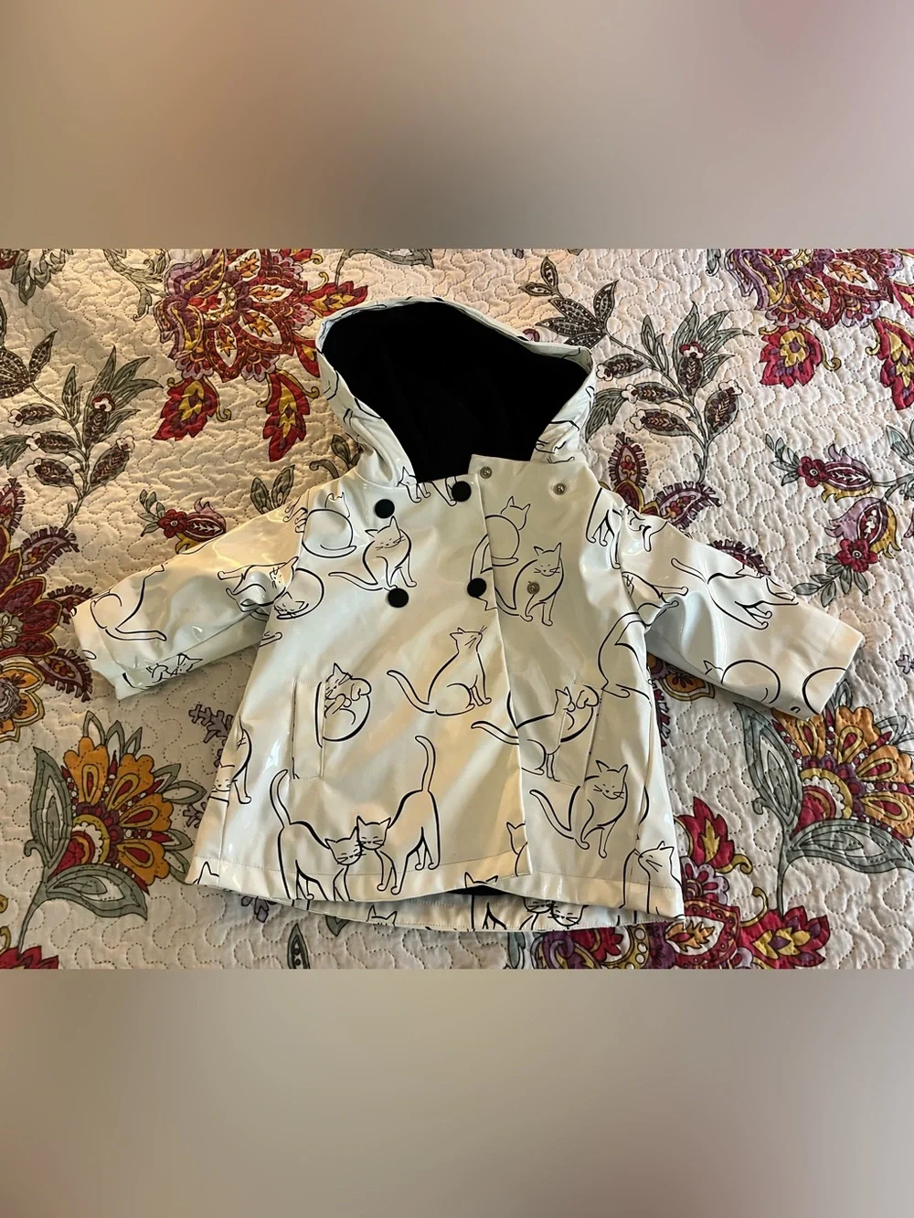 Jacadi Paris Girls Raincoat Jacket White Size 12M Cat Graphics Hoodie